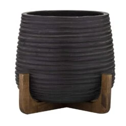 Keanu Planter With Wooden Base Black 260mm